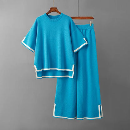 Patchwork Knit Set Short Sleeve