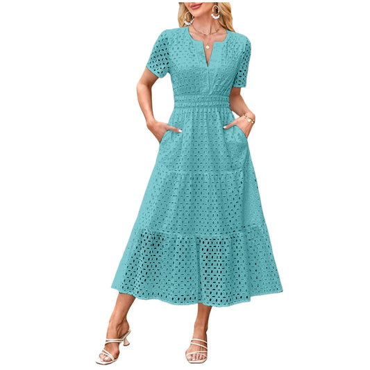 V Neck Ruffle Hem A Line Maxi Dress