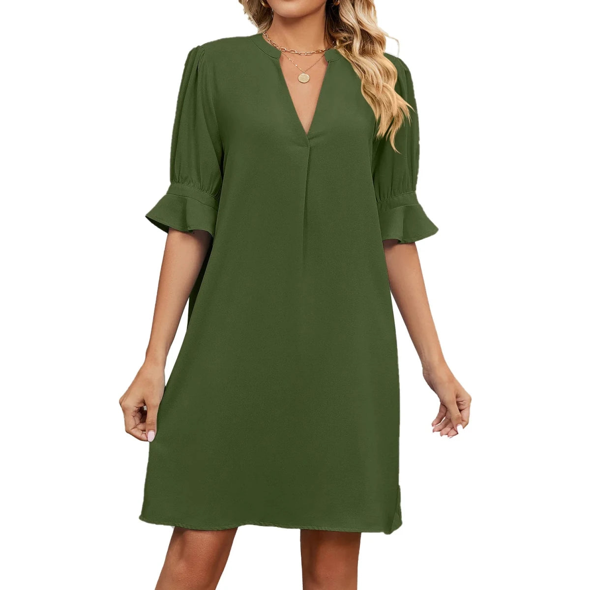 V Neck Pleated Short Sleeve Midi Dress