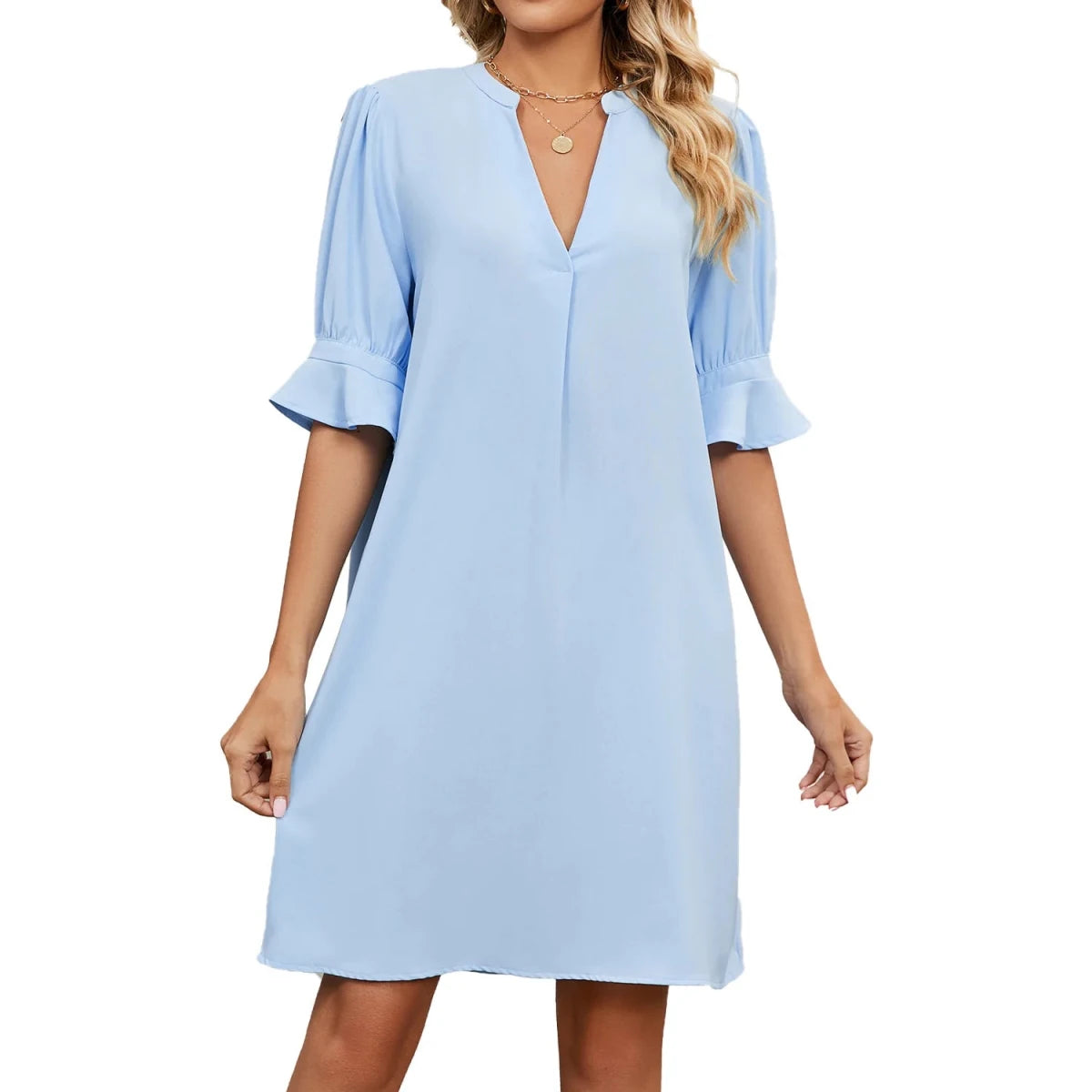 V Neck Pleated Short Sleeve Midi Dress
