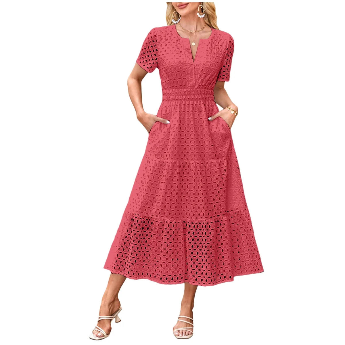 V Neck Ruffle Hem A Line Maxi Dress