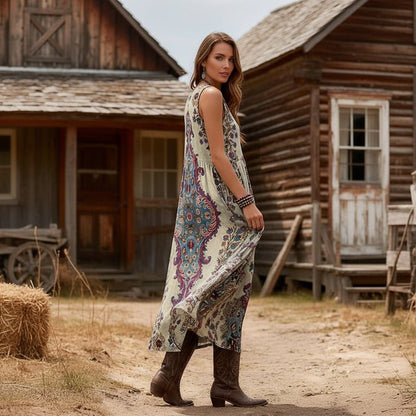 Vintage-Kleid mit Boho-Print und ärmellosem Schnitt für den Sommerstil