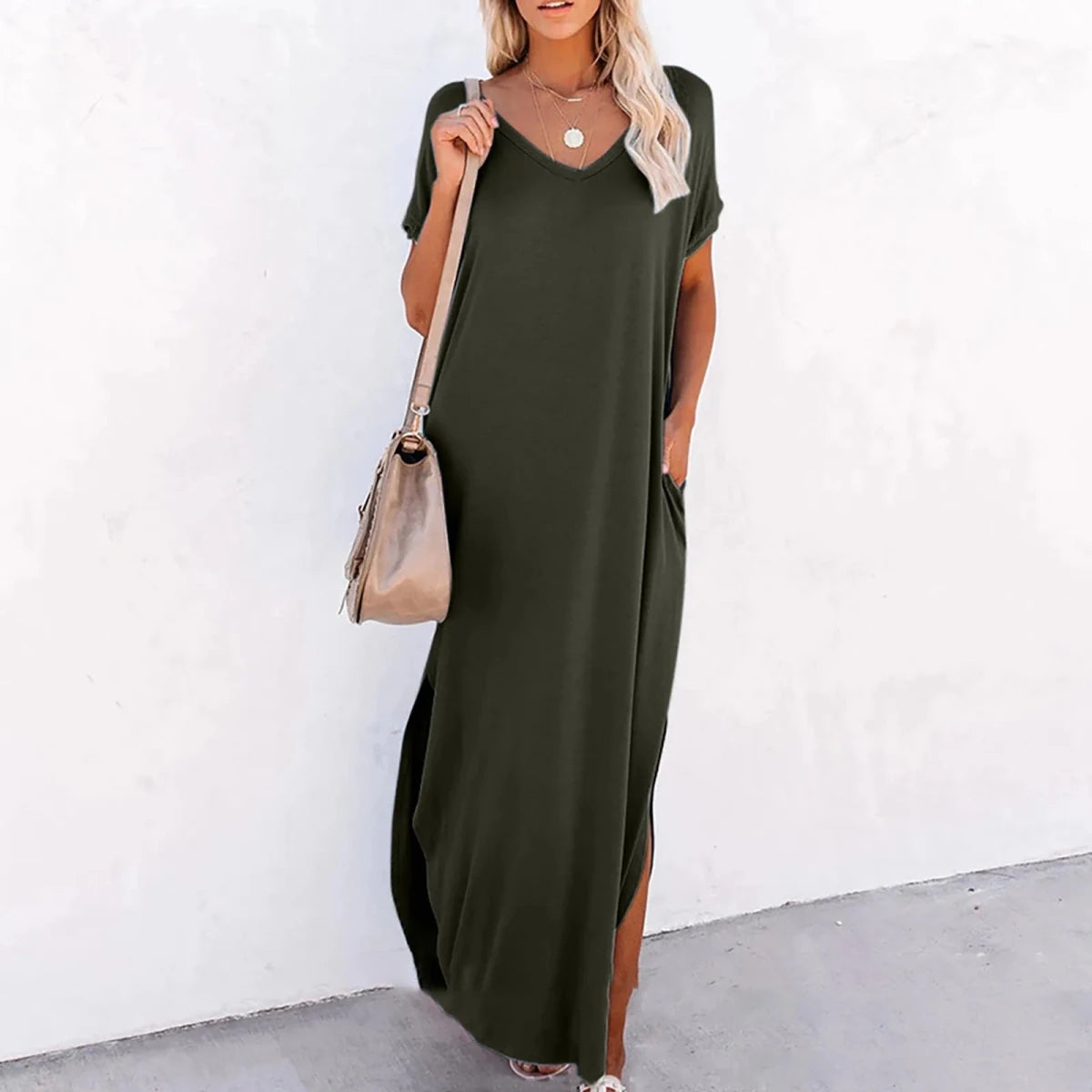 V Neck Loose Side Slit Maxi Dress