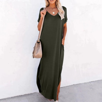 V Neck Loose Side Slit Maxi Dress