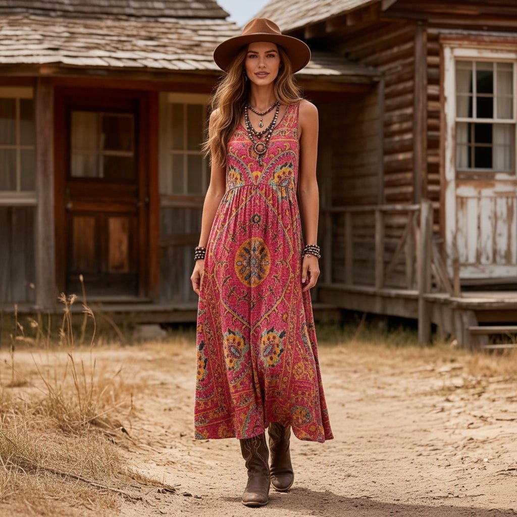 Vintage-Kleid mit Boho-Print und ärmellosem Schnitt für den Sommerstil