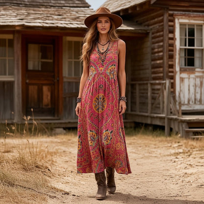 Vintage-Kleid mit Boho-Print und ärmellosem Schnitt für den Sommerstil