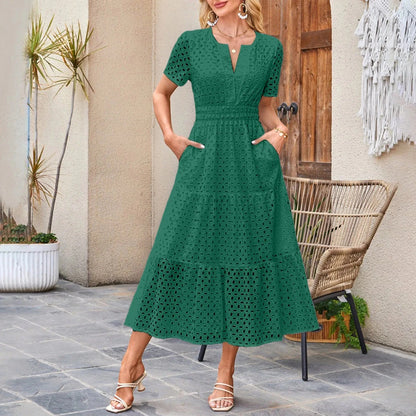 V Neck Ruffle Hem A Line Maxi Dress