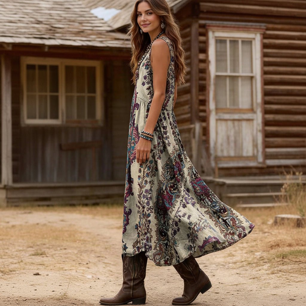 Vintage-Kleid mit Boho-Print und ärmellosem Schnitt für den Sommerstil