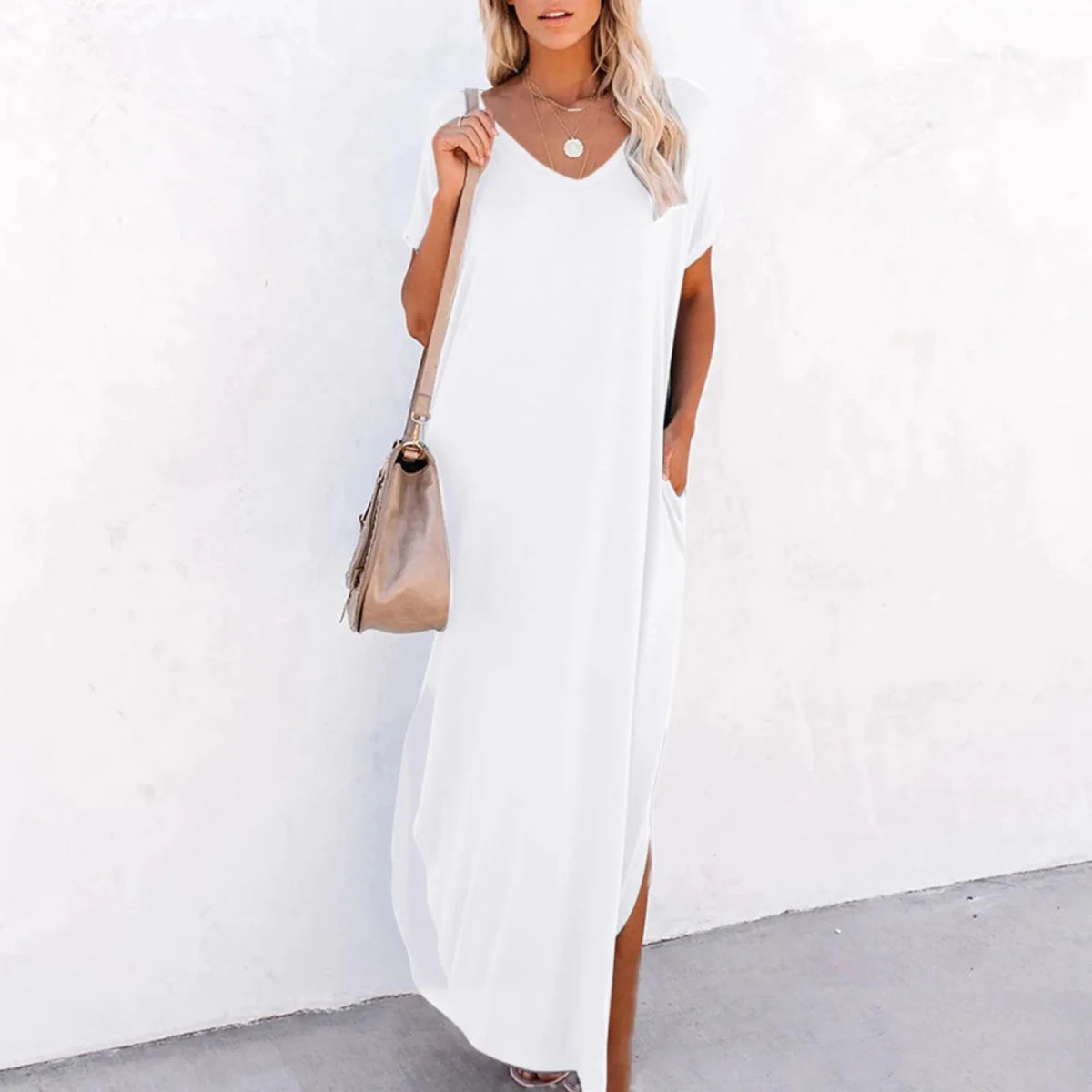 V Neck Loose Side Slit Maxi Dress