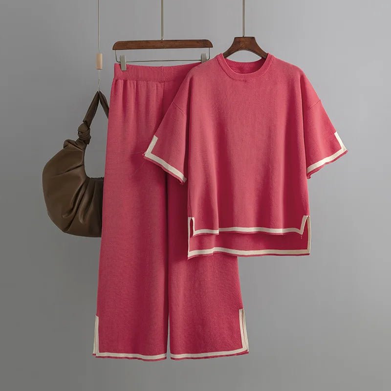 Patchwork Knit Set Short Sleeve