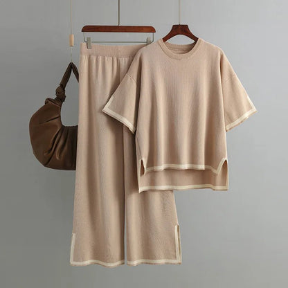 Patchwork Knit Set Short Sleeve