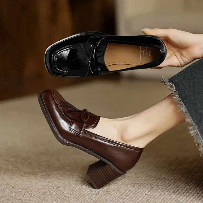 Tassel Bow Loafers with Block Heel