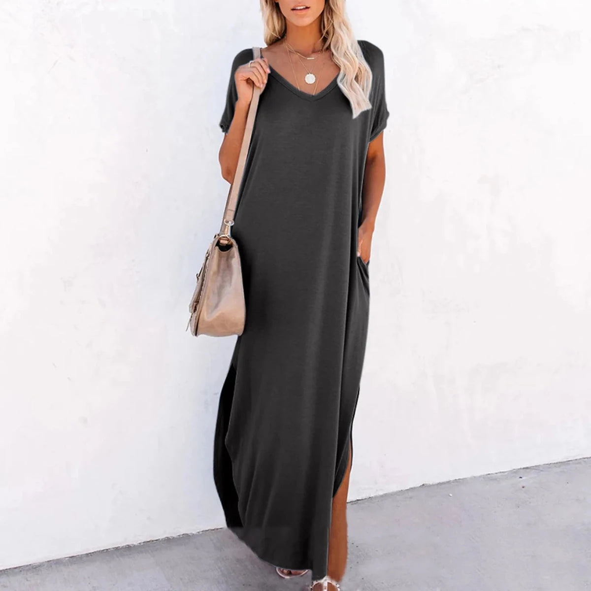 V Neck Loose Side Slit Maxi Dress