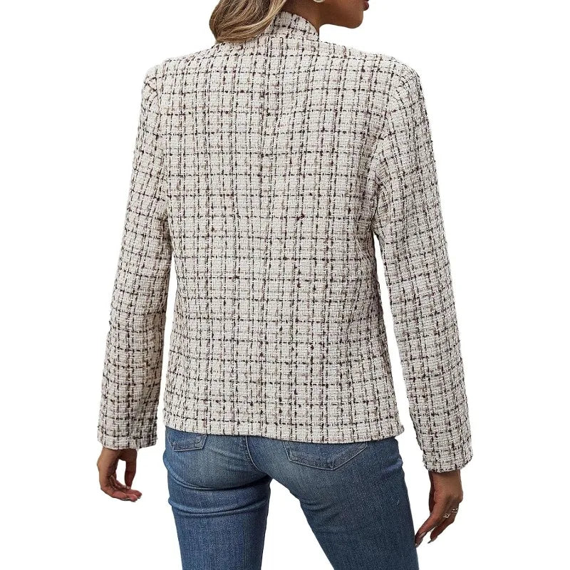 Checkered Tweed Blazer Open Front