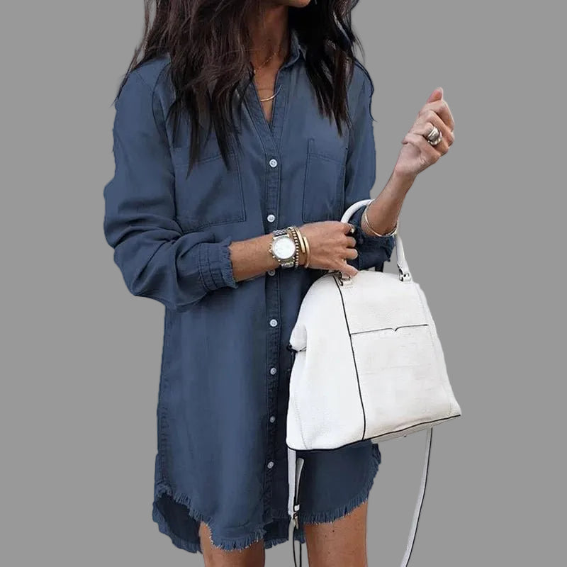 Long Sleeve Denim Shirt Dress Button Up Mini