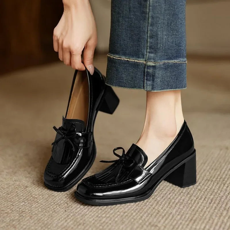 Tassel Bow Loafers with Block Heel