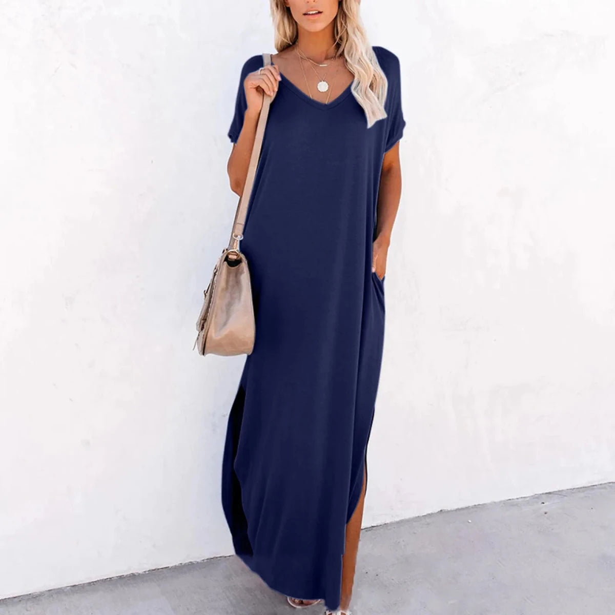 V Neck Loose Side Slit Maxi Dress