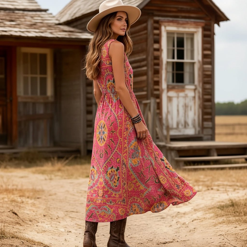 Vintage-Kleid mit Boho-Print und ärmellosem Schnitt für den Sommerstil