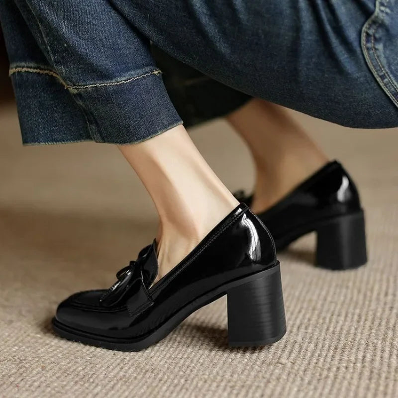 Tassel Bow Loafers with Block Heel
