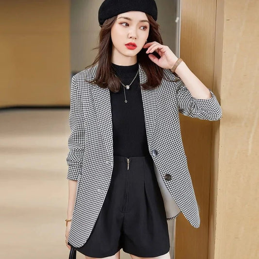 Plaid Slim Fit Collarless Blazer Jacket Lightweight