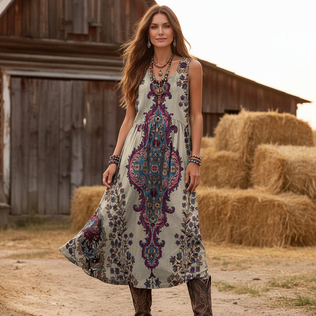 Vintage-Kleid mit Boho-Print und ärmellosem Schnitt für den Sommerstil