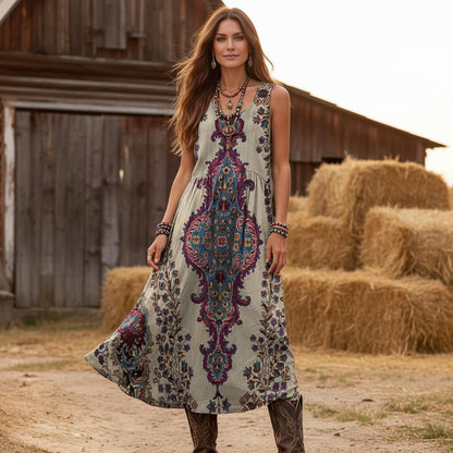 Vintage-Kleid mit Boho-Print und ärmellosem Schnitt für den Sommerstil