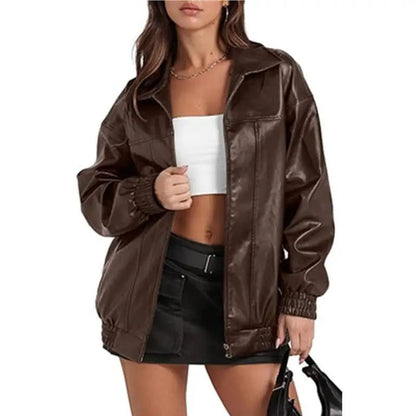 Faux Leather Oversized Zip Up Casual Jacket