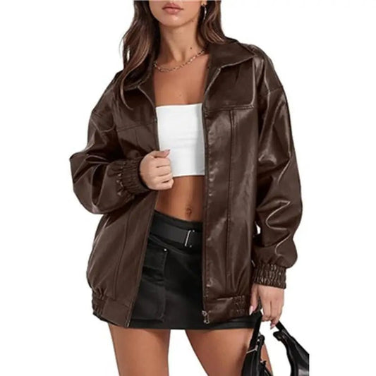 Faux Leather Oversized Zip Up Casual Jacket