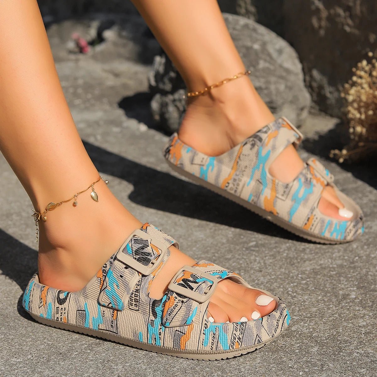 Double Buckle Platform Slippers