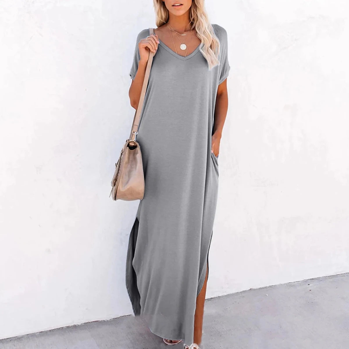 V Neck Loose Side Slit Maxi Dress