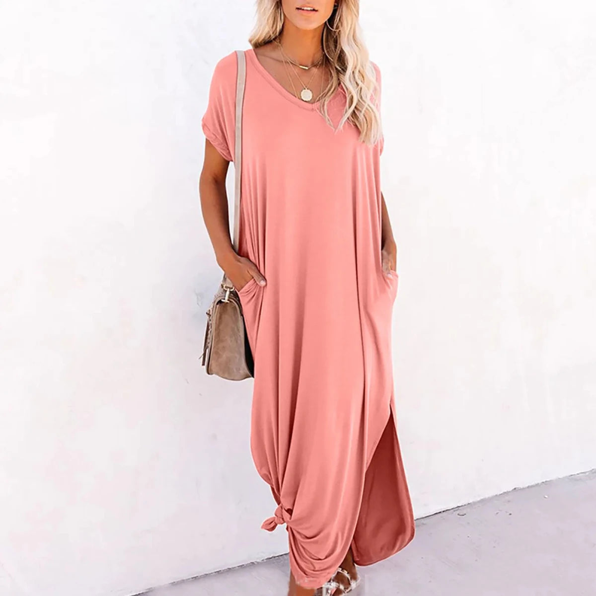 V Neck Loose Side Slit Maxi Dress