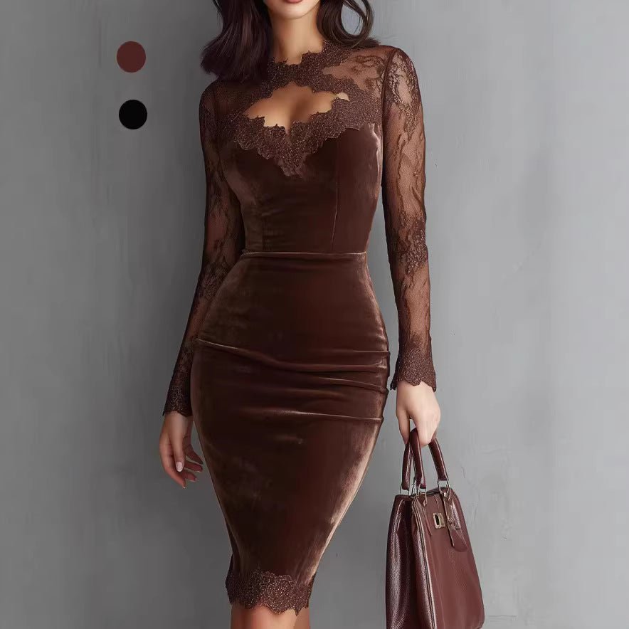Quinn | Damen-Abendkleid aus Samt und Spitze in Midilänge