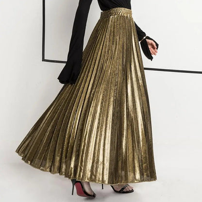 High Waist Pleated Golden Maxi Skirt