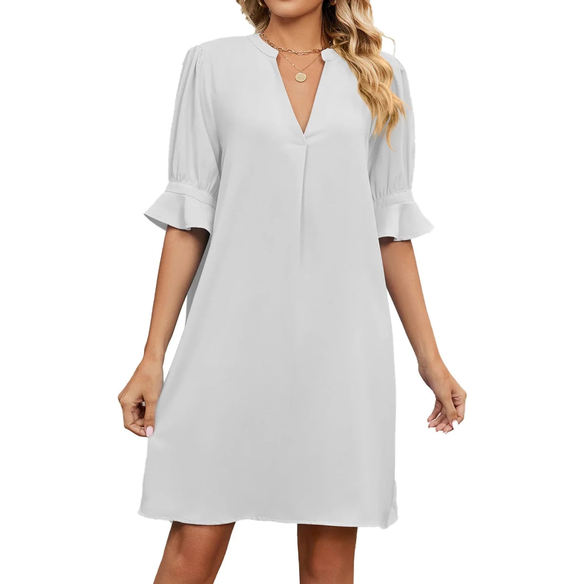 V Neck Pleated Short Sleeve Midi Dress