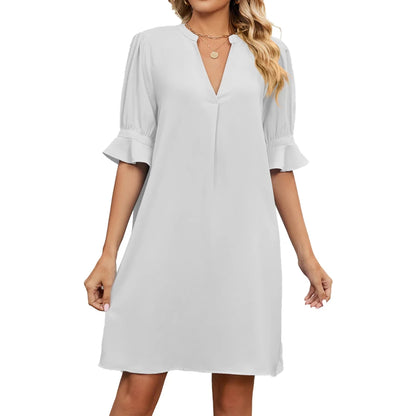 V Neck Pleated Short Sleeve Midi Dress
