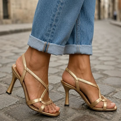 Metallic Cross-Strap Heeled Sandals