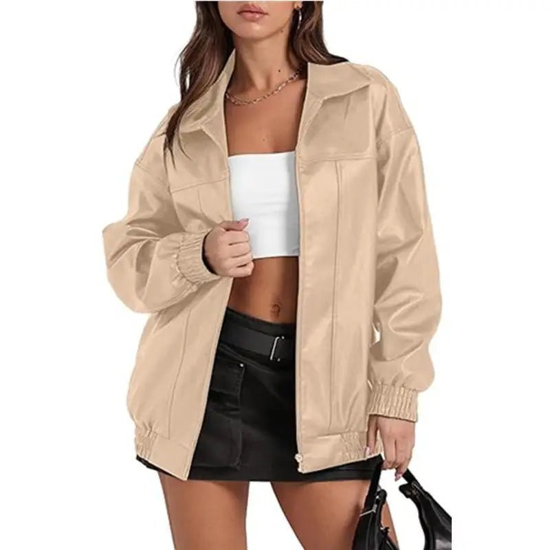 Faux Leather Oversized Zip Up Casual Jacket