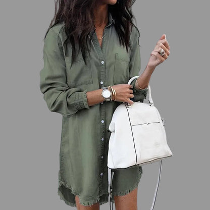 Long Sleeve Denim Shirt Dress Button Up Mini