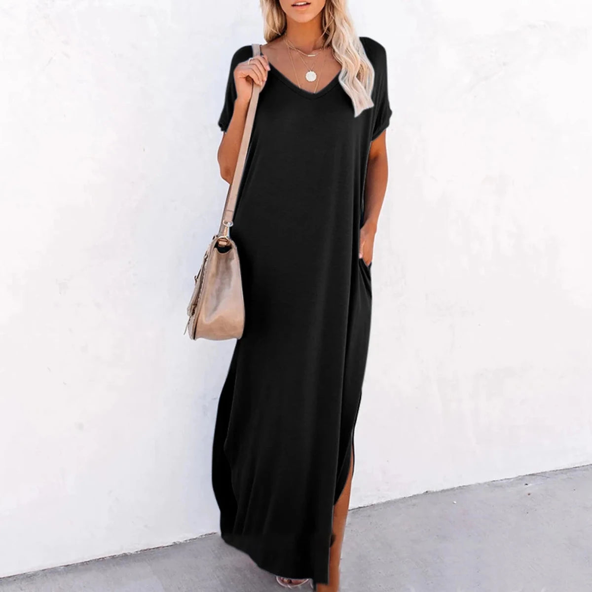 V Neck Loose Side Slit Maxi Dress