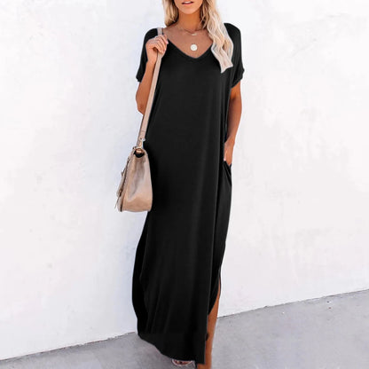 V Neck Loose Side Slit Maxi Dress