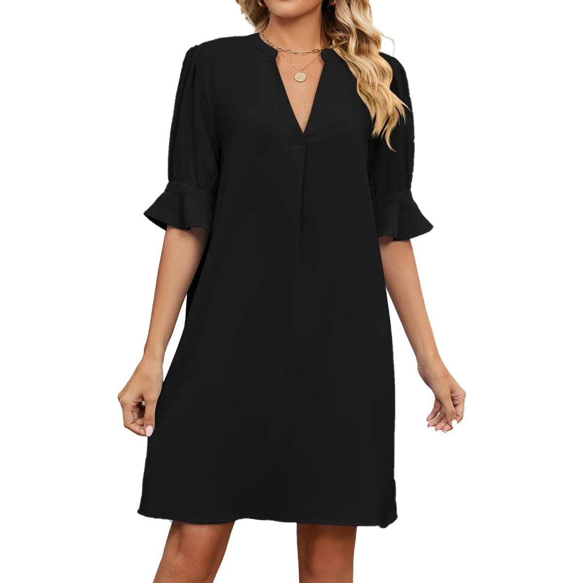 V Neck Pleated Short Sleeve Midi Dress