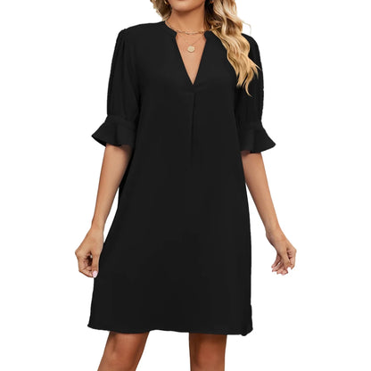 V Neck Pleated Short Sleeve Midi Dress