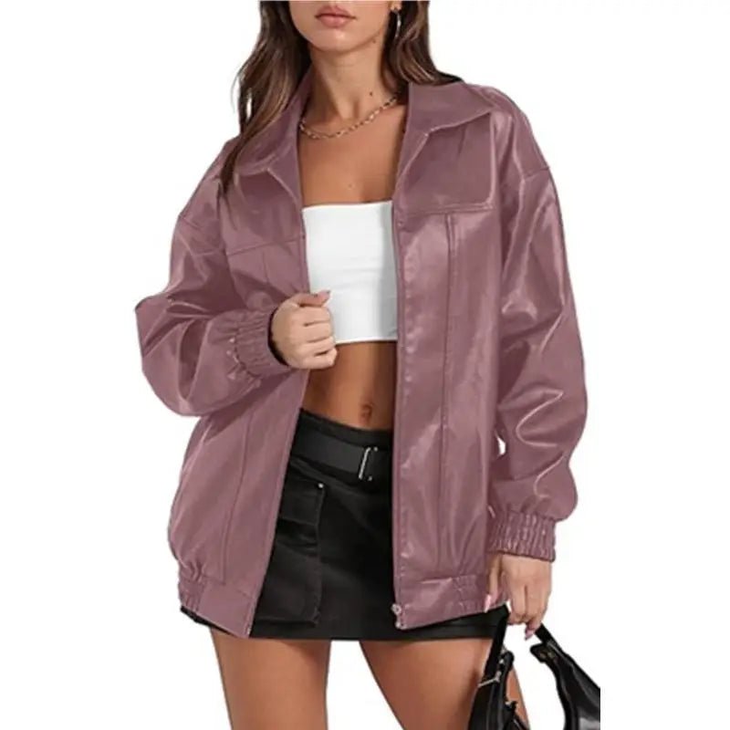 Faux Leather Oversized Zip Up Casual Jacket