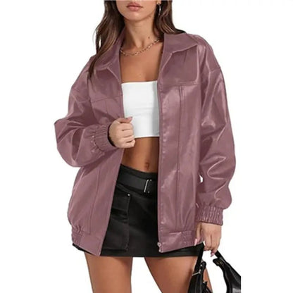 Faux Leather Oversized Zip Up Casual Jacket