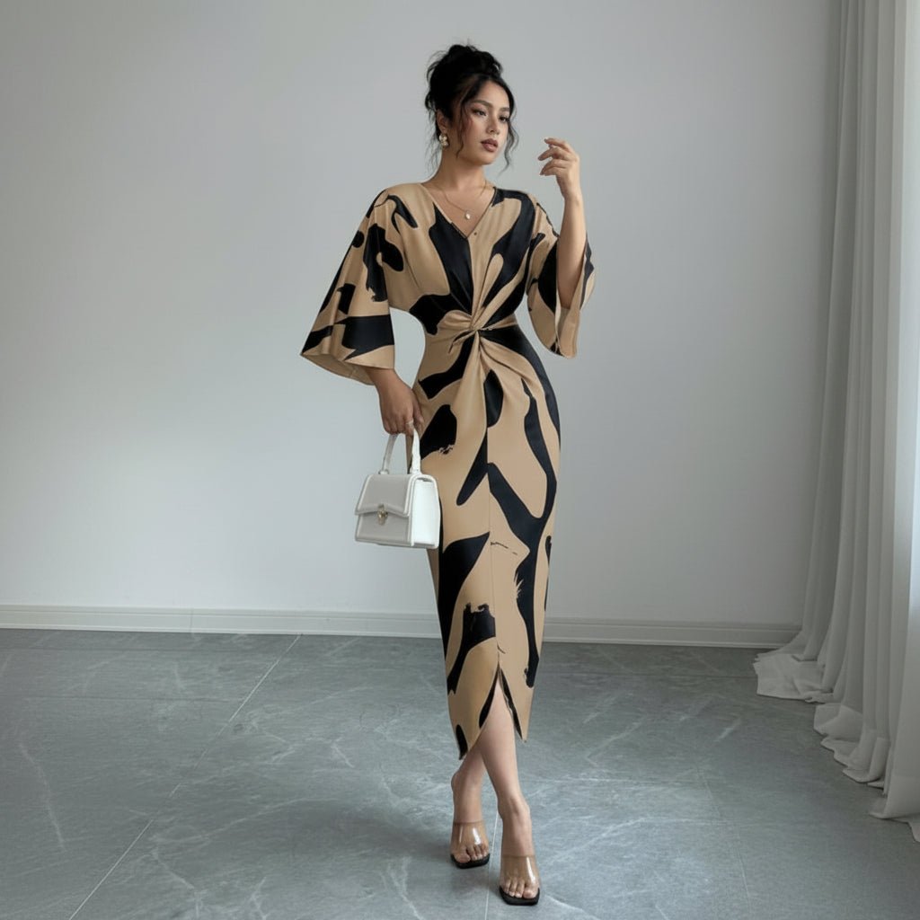 Sculpted Print Twist Midi Dress