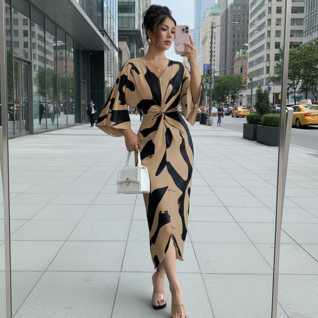 Sculpted Print Twist Midi Dress