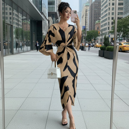 Sculpted Print Twist Midi Dress