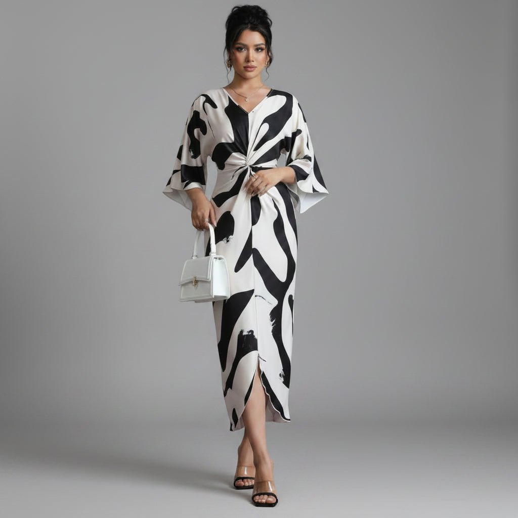 Sculpted Print Twist Midi Dress