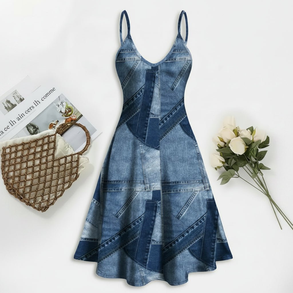 Geometric Denim Patchwork Dress