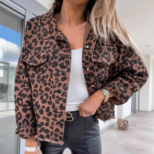Edgy Leopard Frayed Denim Jacket